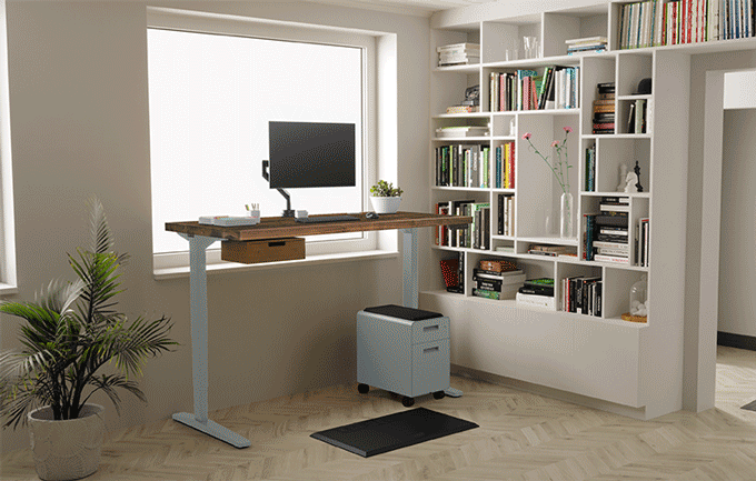 2-Leg, 4-Leg, L-Shaped, Curved Corner, and 120 Degree UPLIFT Sit-Stand Desks in a home office