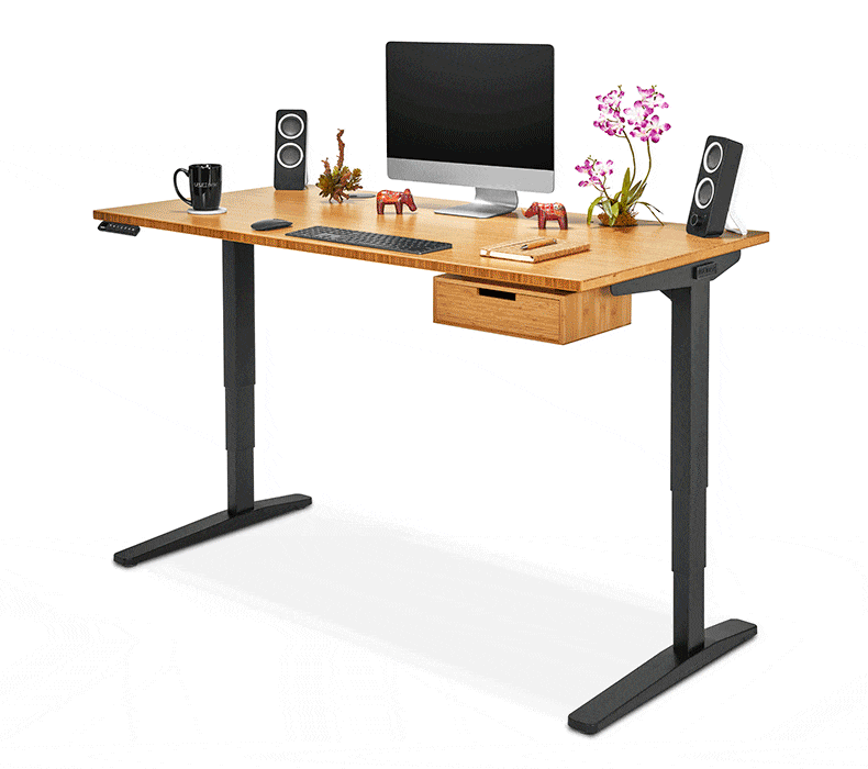 Animation of bamboo, dark bamboo, and black bamboo standing desks with matching bamboo desk drawers