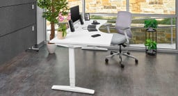White Eco 2-Leg Curved Corner Standing Desk with left return and a White Envoke Chair
